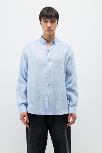%100 Keten Oversize Uzun Kollu Gömlek