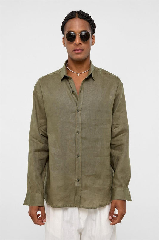 %100 Keten Oversize Uzun Kollu Gömlek