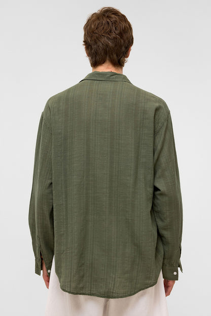 Oversize Çizgili Uzun Kollu Keten Gömlek