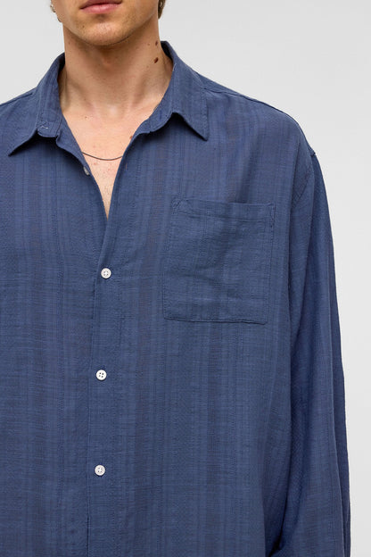 Oversize Çizgili Uzun Kollu Keten Gömlek