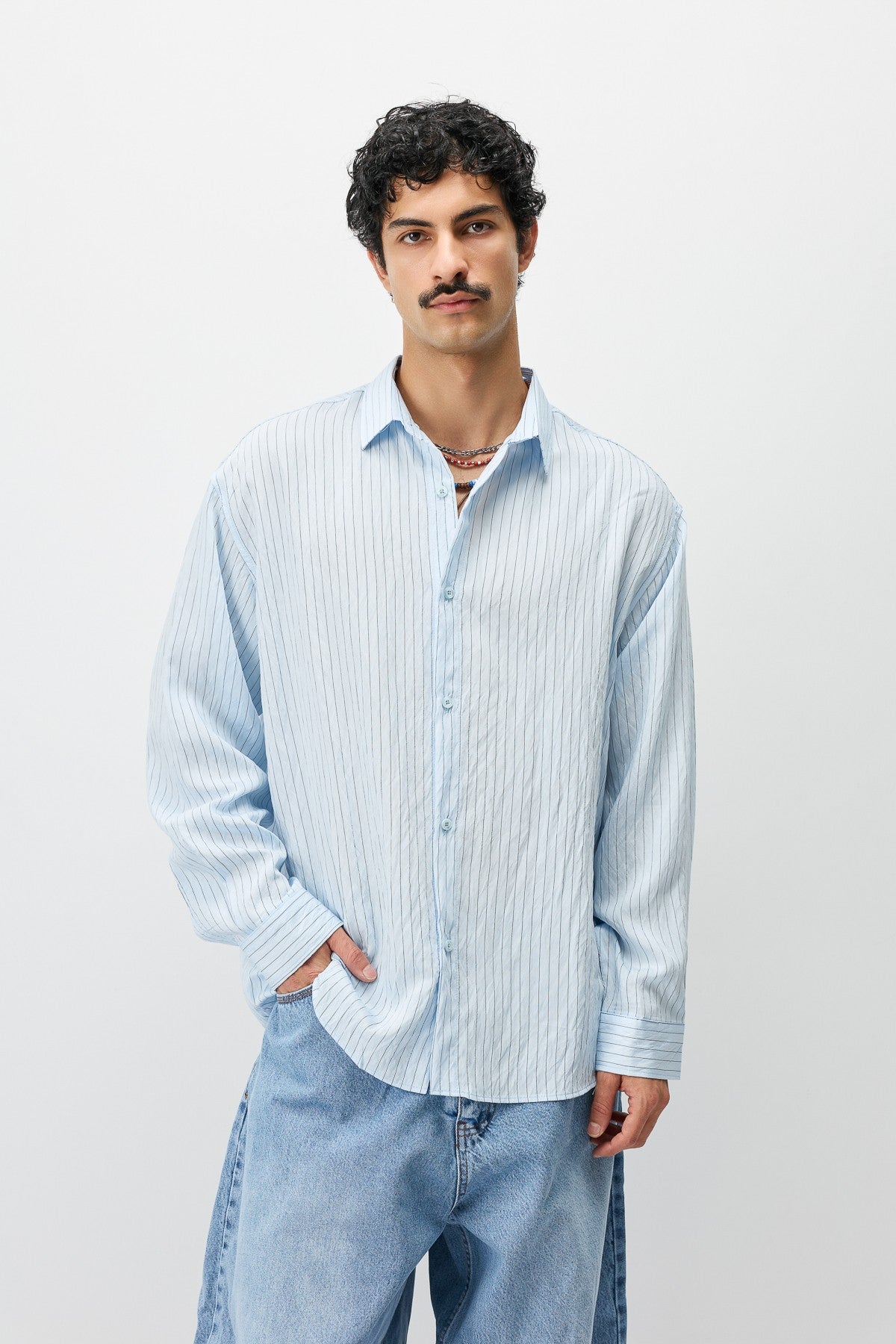 Oversize Çizgili Uzun Kollu Gömlek