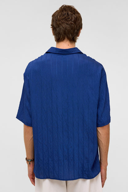 Oversize Çizgili Kısa Kollu Modal Kumaş Gömlek