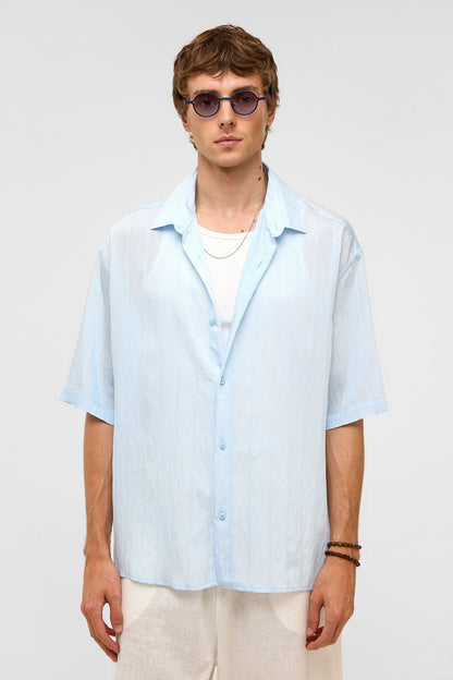 Oversize Çizgili Kısa Kollu Modal Kumaş Gömlek