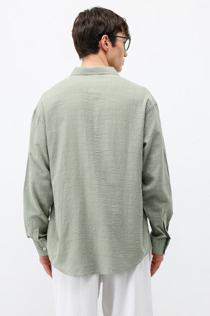Dokulu Keten Görünümlü Oversize Gömlek
