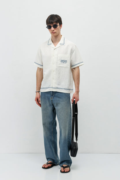 Oversize Yazı Baskılı Keten Gömlek