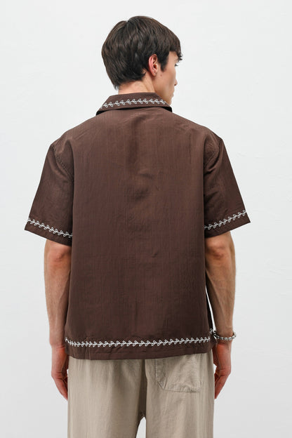 Oversize Yazı Baskılı Keten Gömlek