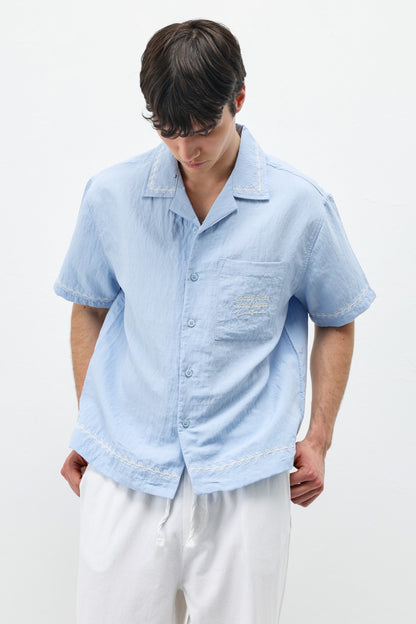 Oversize Yazı Baskılı Keten Gömlek