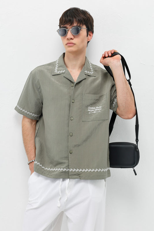 Oversize Yazı Baskılı Keten Gömlek