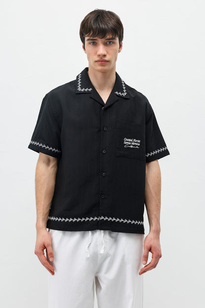 Oversize Yazı Baskılı Keten Gömlek