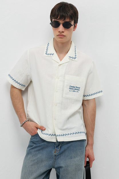 Oversize Yazı Baskılı Keten Gömlek