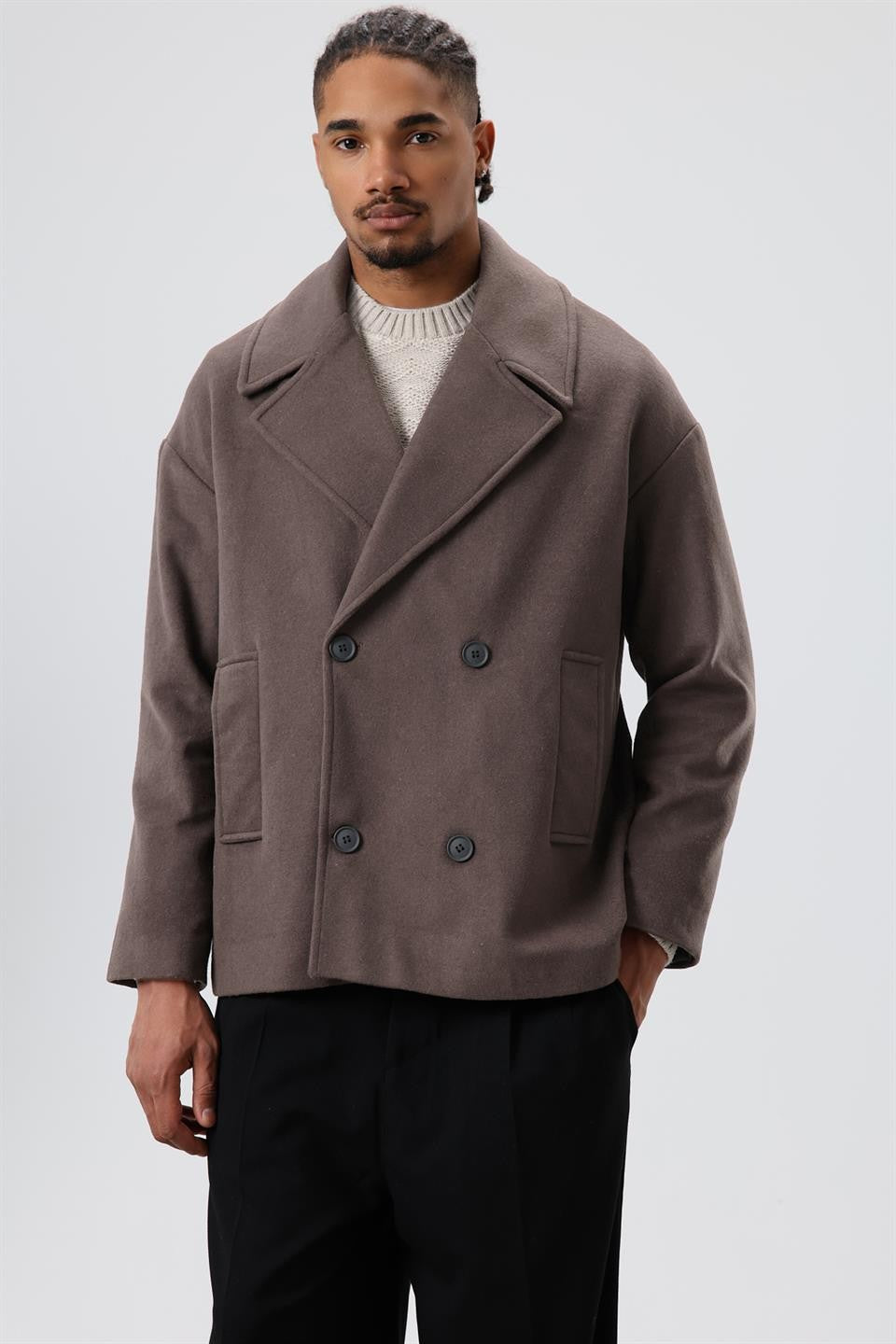 Oversize Kruvaze Kısa Kaşe Ceket