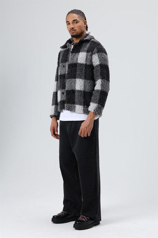 Oversize Peluş Ekose Ceket