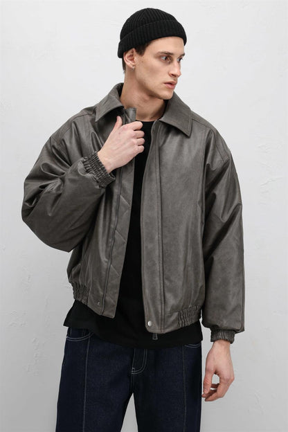 Oversize Deri Bomber Ceket