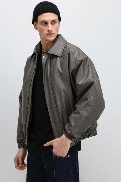 Oversize Deri Bomber Ceket