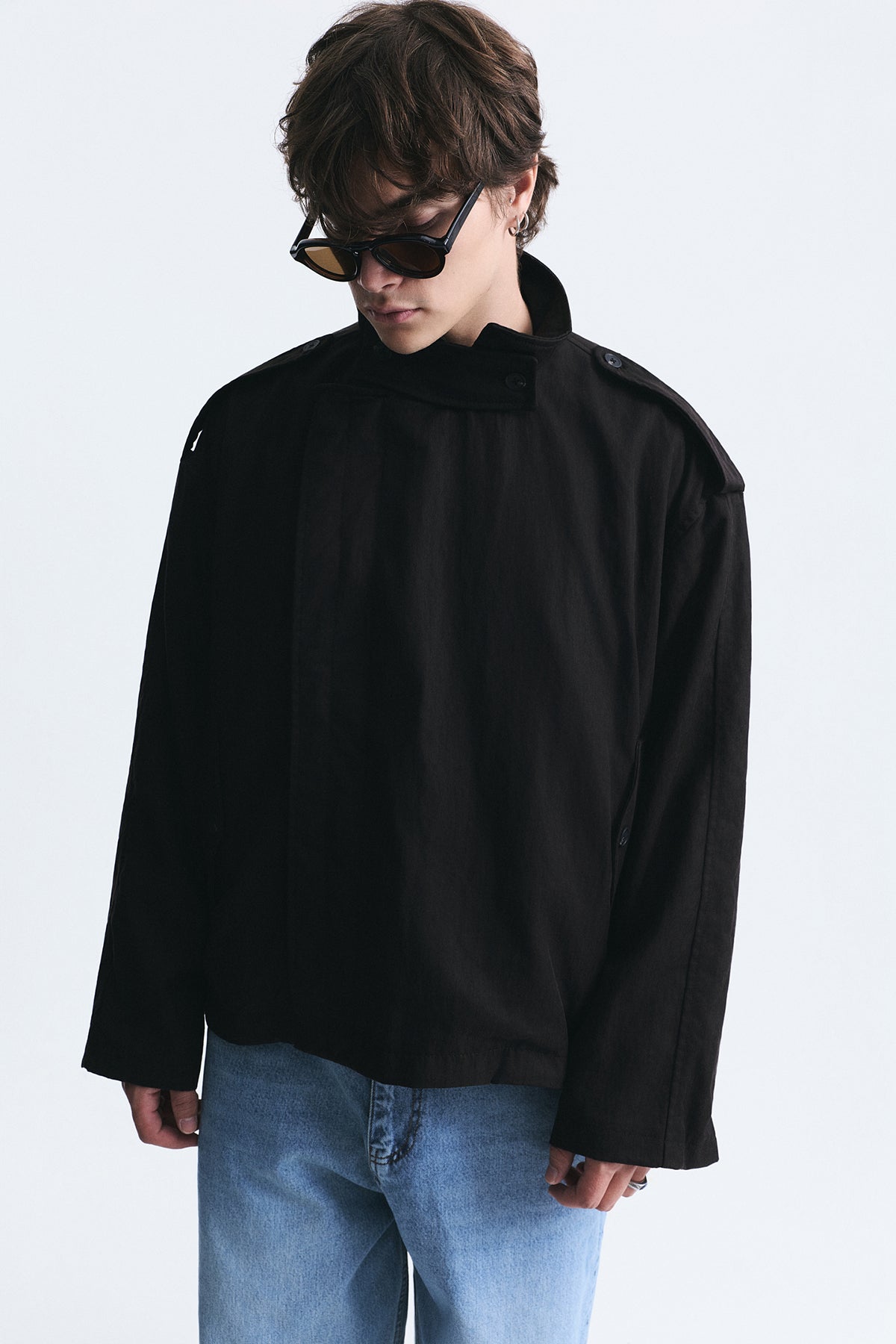 Oversize Düğmeli Dik Yaka Mont