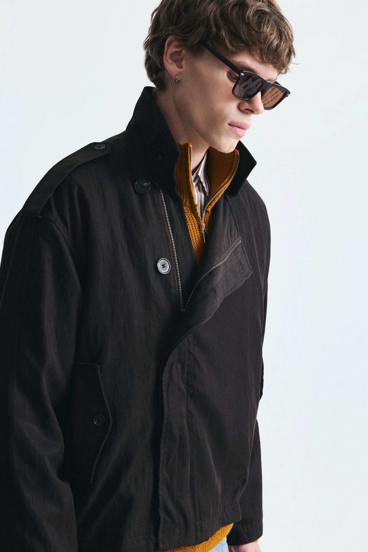 Oversize Düğmeli Dik Yaka Mont