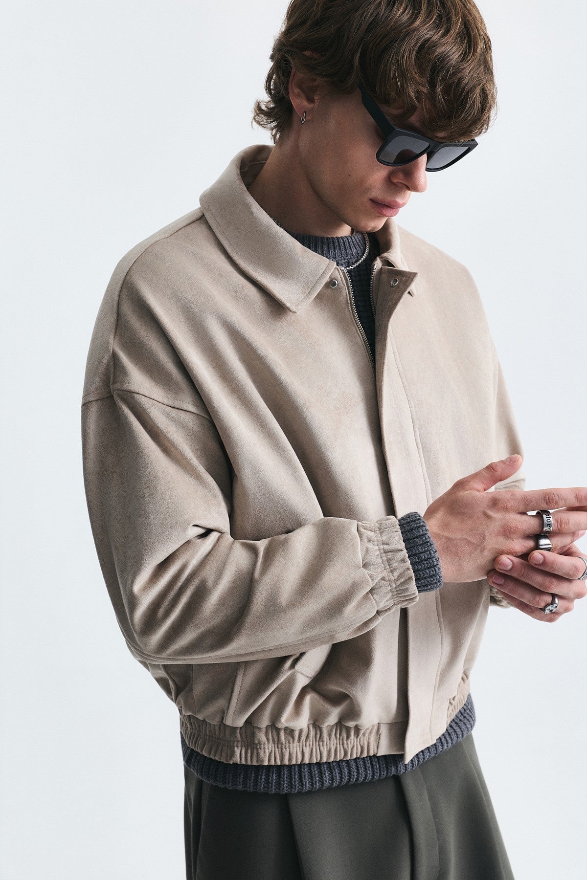 Oversize Polo Yaka Suni Süet Mont