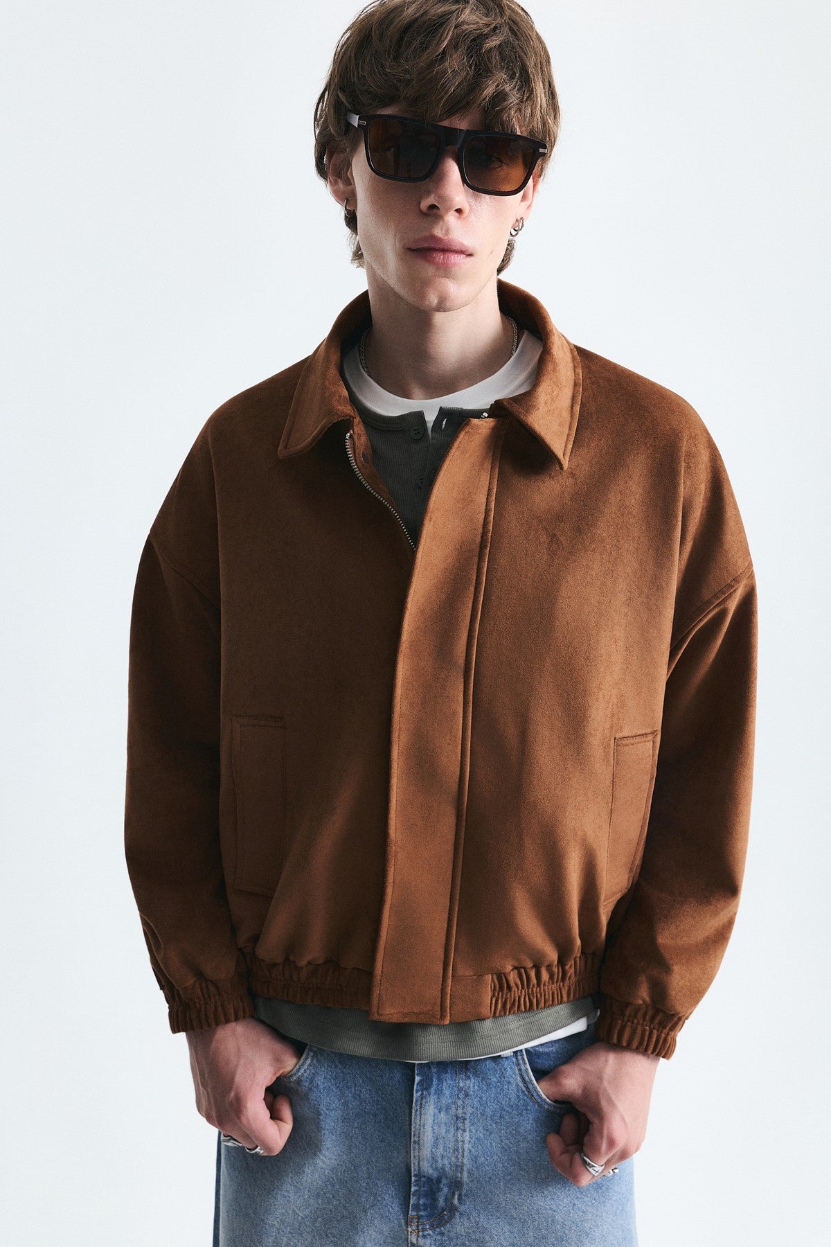 Oversize Polo Yaka Suni Süet Mont