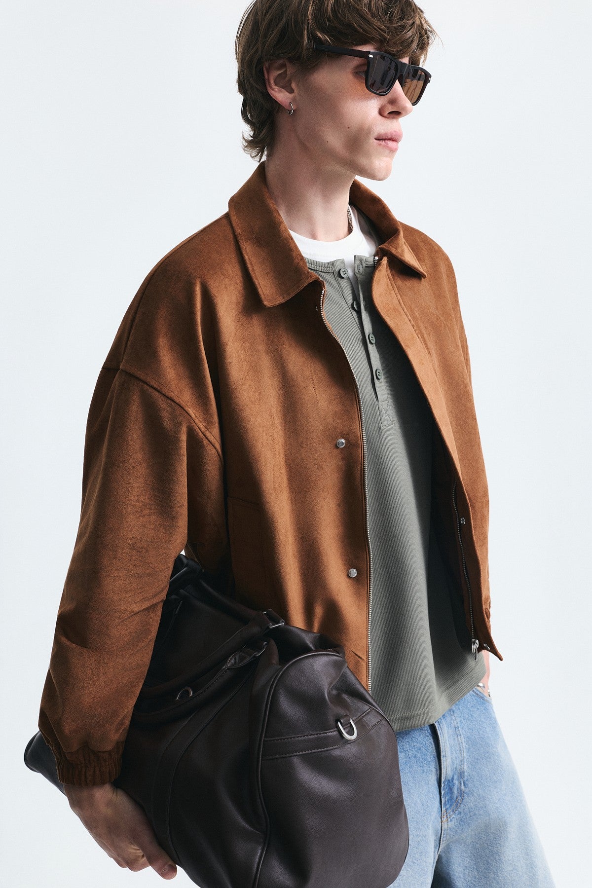 Oversize Polo Yaka Suni Süet Mont
