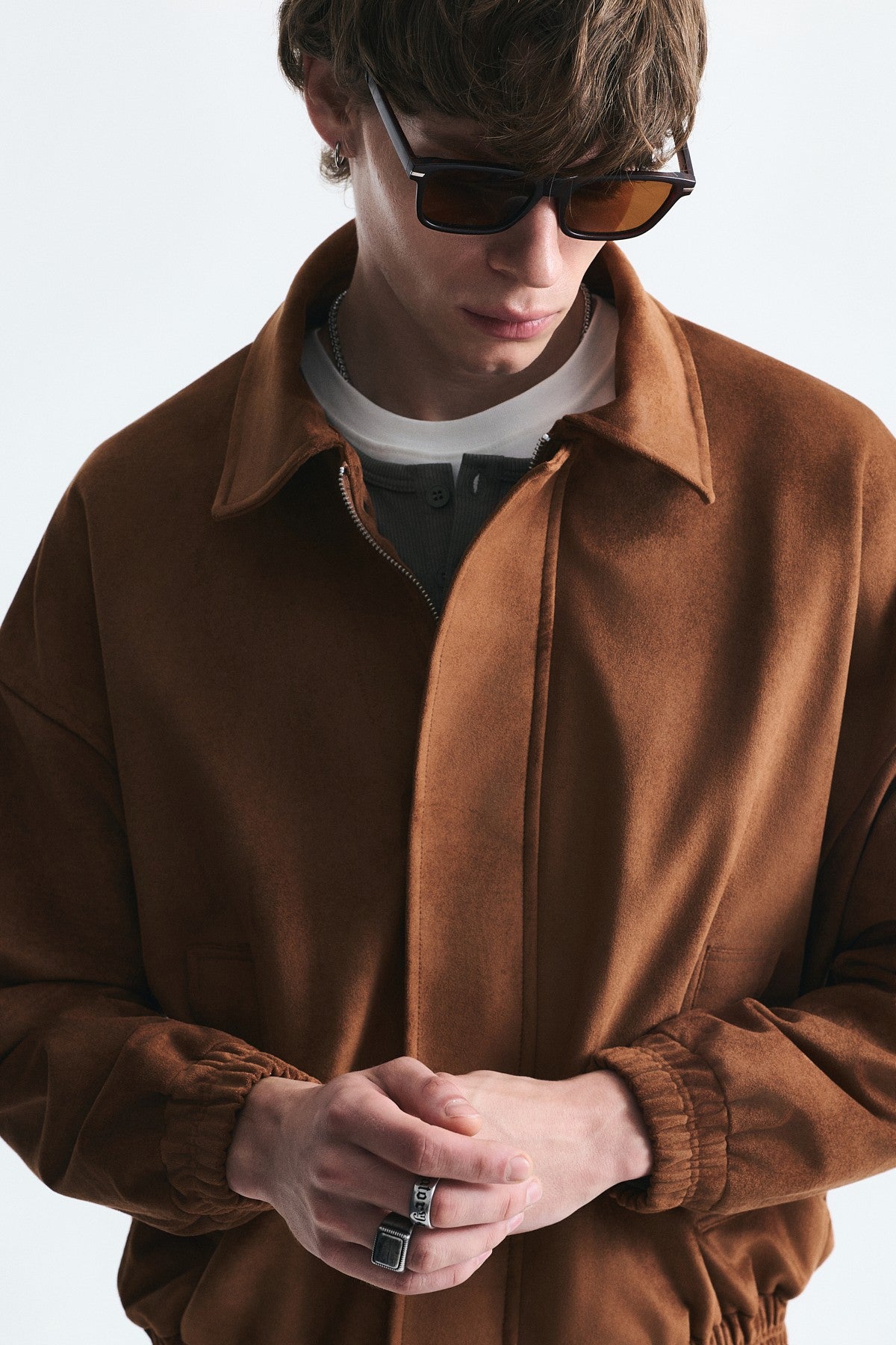 Oversize Polo Yaka Suni Süet Mont