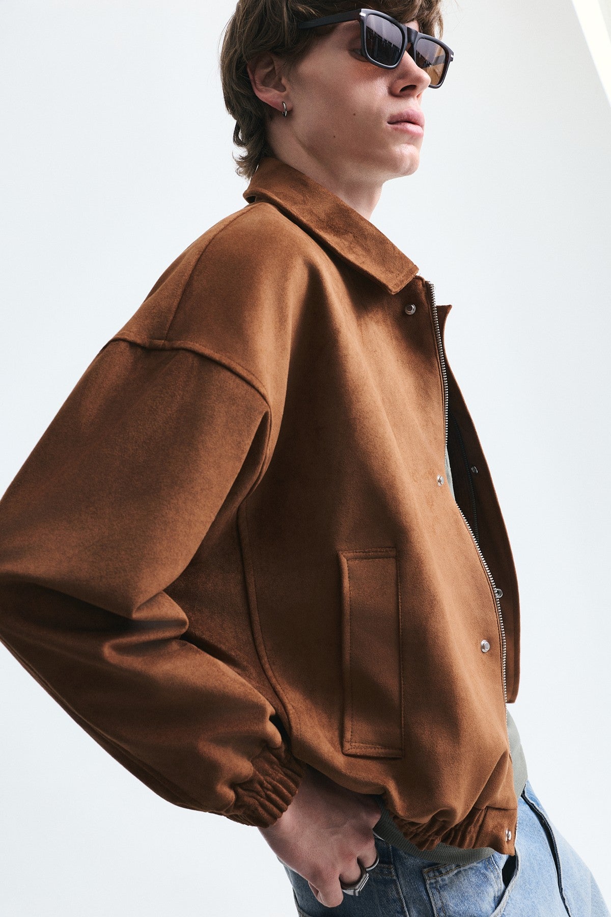 Oversize Polo Yaka Suni Süet Mont