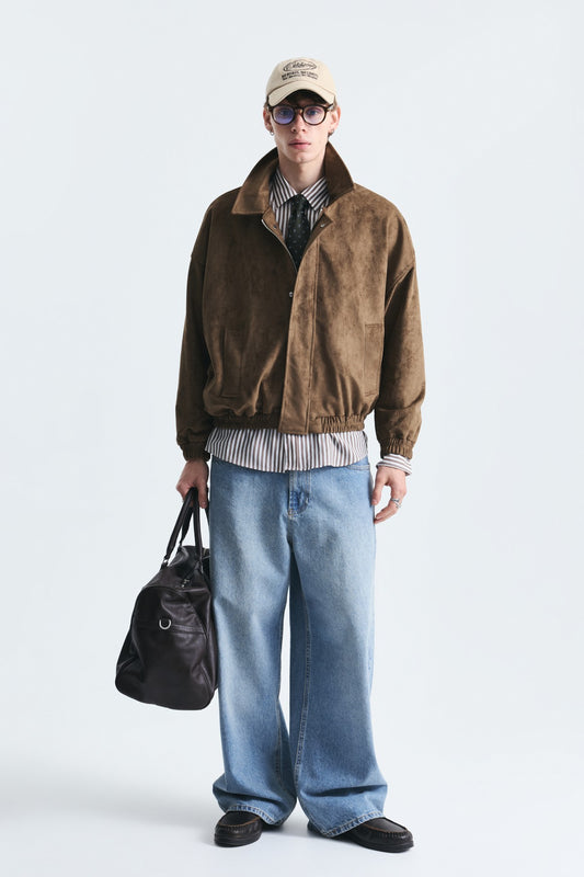 Oversize Polo Yaka Suni Süet Mont