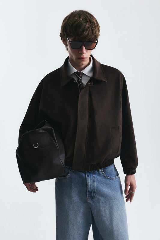 Oversize Polo Yaka Suni Süet Mont