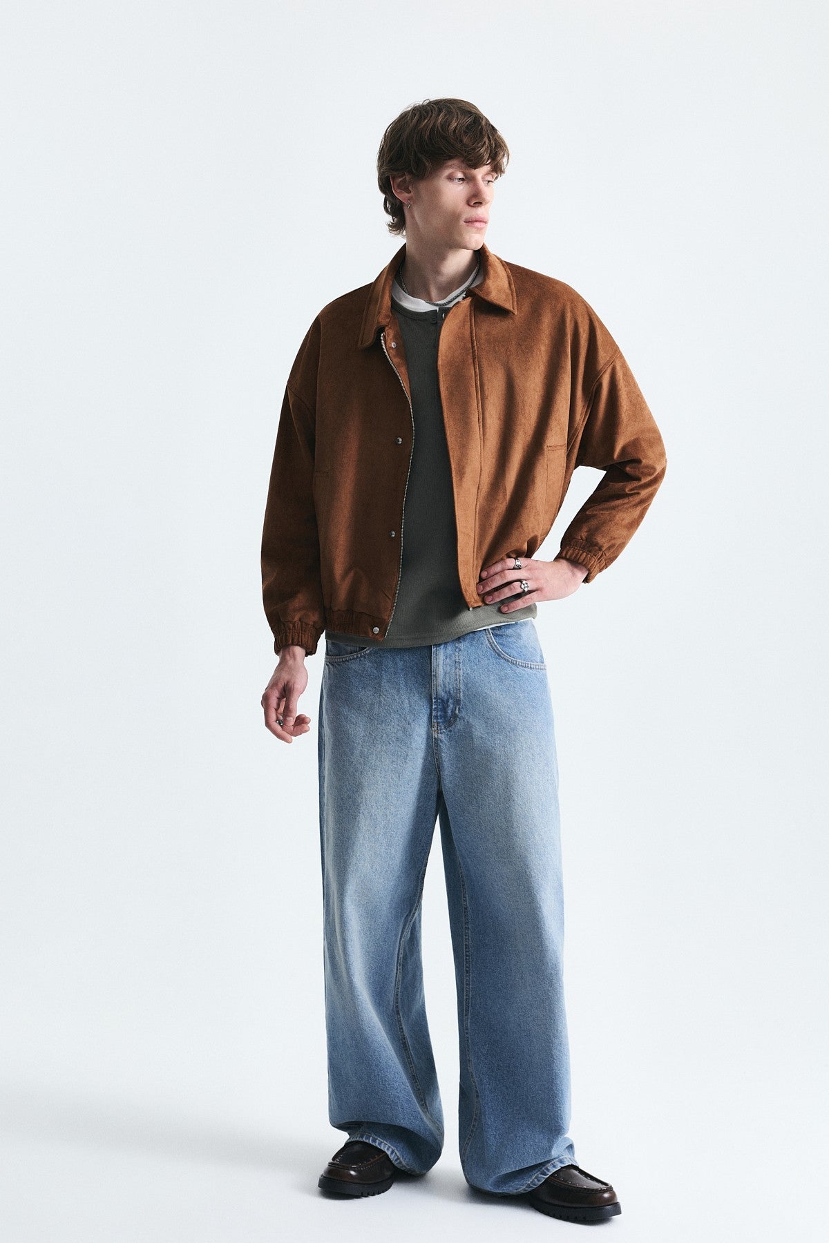 Oversize Polo Yaka Suni Süet Mont