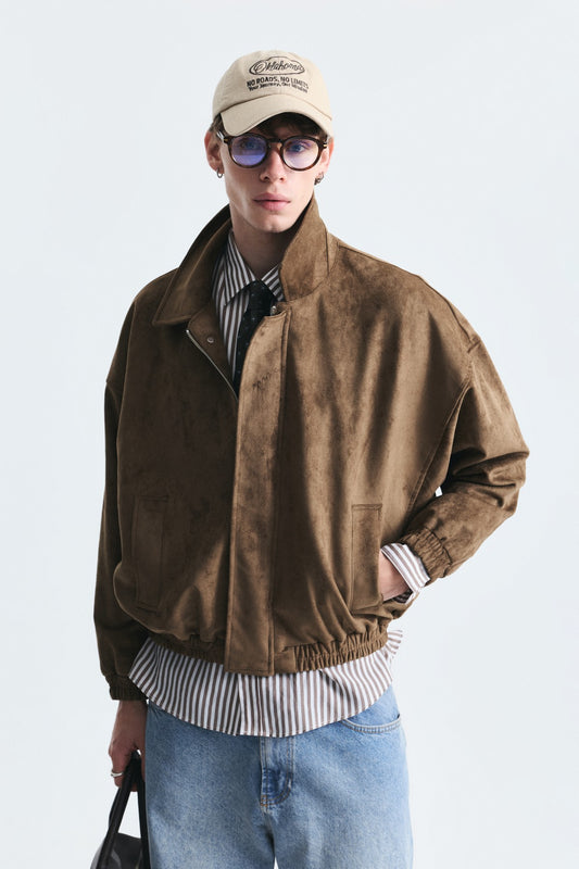 Oversize Polo Yaka Suni Süet Mont