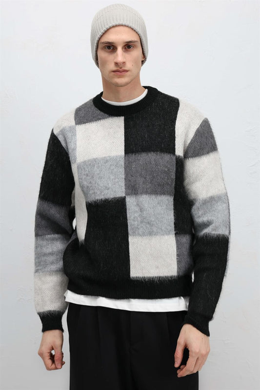 Oversize Kare Desenli Triko Kazak