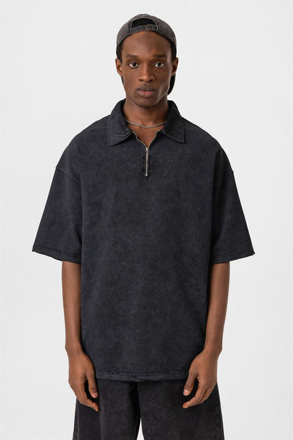 Polo Yaka Oversize Yıkamalı Tişört