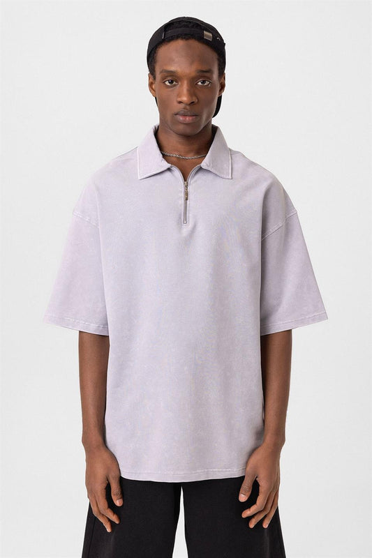 Polo Yaka Oversize Yıkamalı Tişört