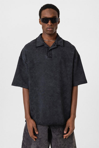 Polo Yaka Yıkamalı Oversize Tişört