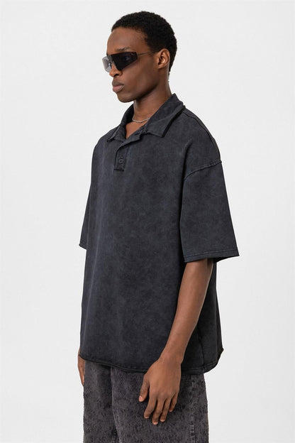 Polo Yaka Yıkamalı Oversize Tişört