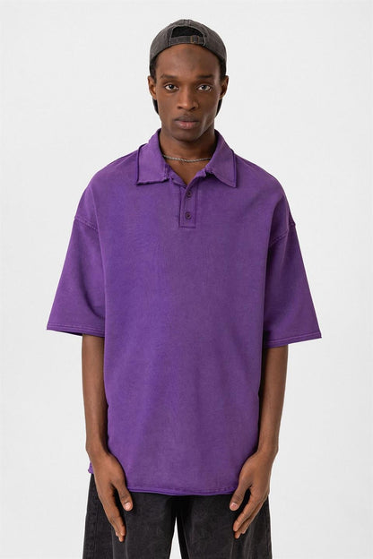 Polo Yaka Yıkamalı Oversize Tişört