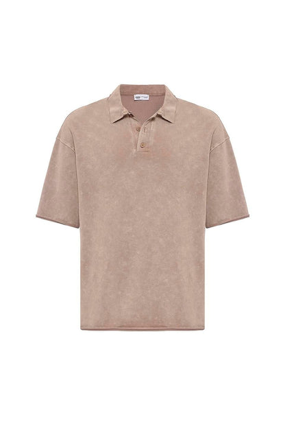 Polo Yaka Yıkamalı Oversize Tişört