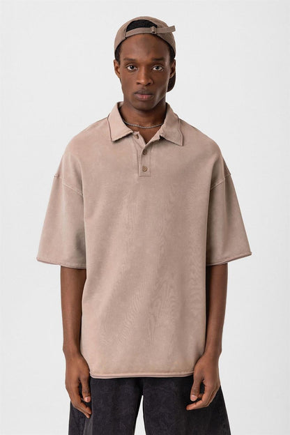 Polo Yaka Yıkamalı Oversize Tişört