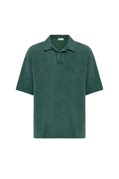Polo Yaka Yıkamalı Oversize Tişört