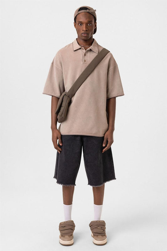 Polo Yaka Yıkamalı Oversize Tişört