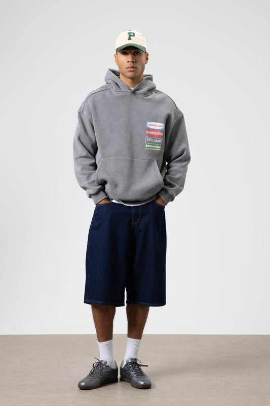 Oversize Yıkamalı Baskılı Kapüşonlu Sweatshirt