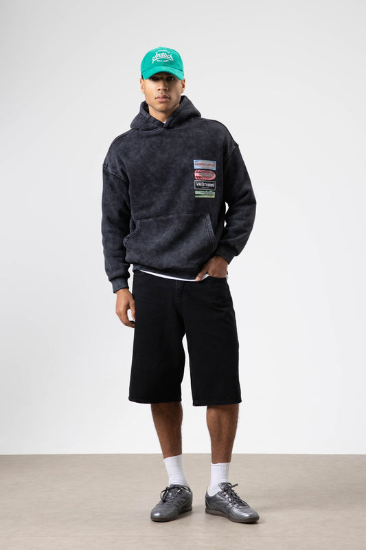 Oversize Yıkamalı Baskılı Kapüşonlu Sweatshirt V70-102