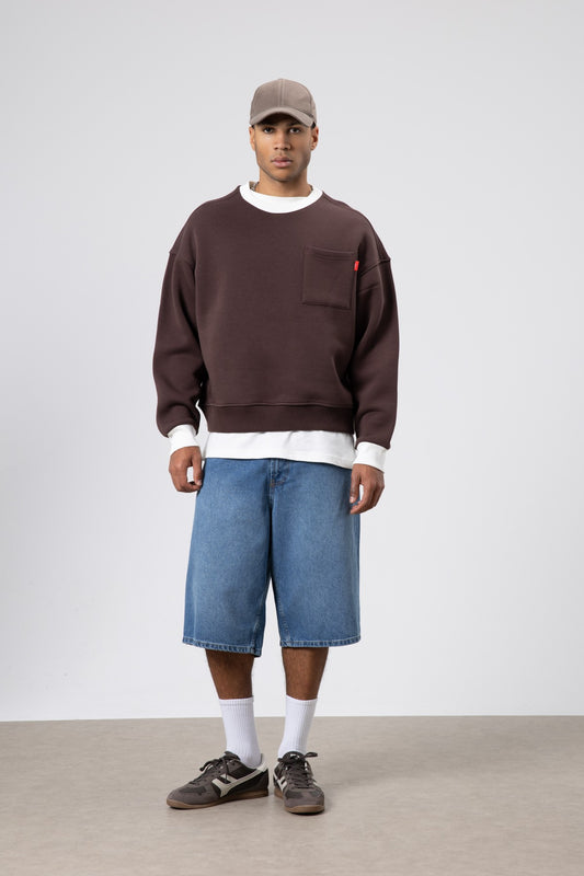 Bisiklet Yaka Cep Detaylı Oversize Sweatshirt