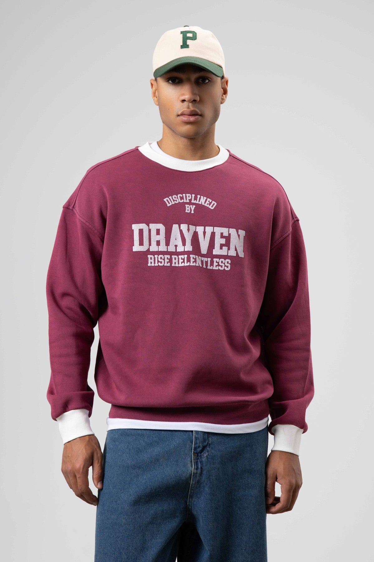 Oversize Bisiklet Yaka Baskılı Sweatshirt Bordo