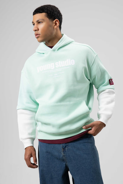 Oversize Baskılı Kapüşonlu Sweatshirt Mint
