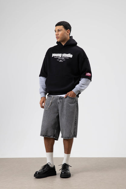 Oversize Baskılı Kapüşonlu Sweatshirt Siyah