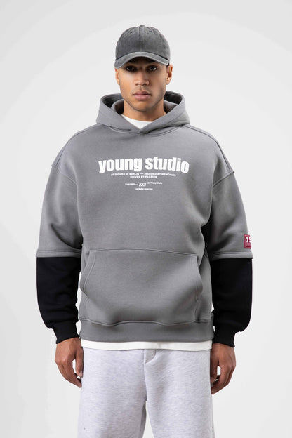 Oversize Baskılı Kapüşonlu Sweatshirt Füme