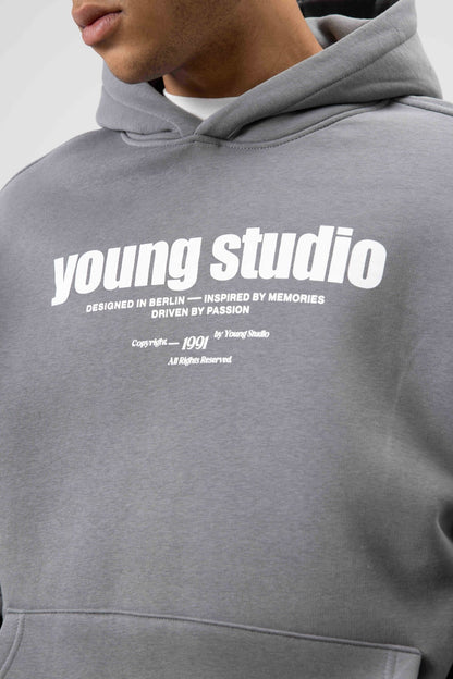Oversize Baskılı Kapüşonlu Sweatshirt Füme