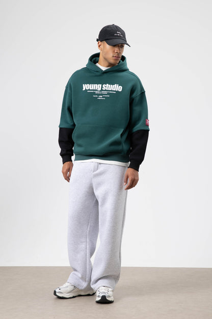 Oversize Baskılı Kapüşonlu Sweatshirt Neft