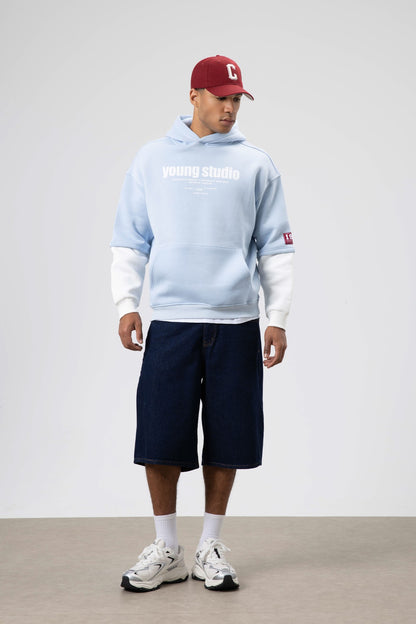 Oversize Baskılı Kapüşonlu Sweatshirt Bebe Mavi