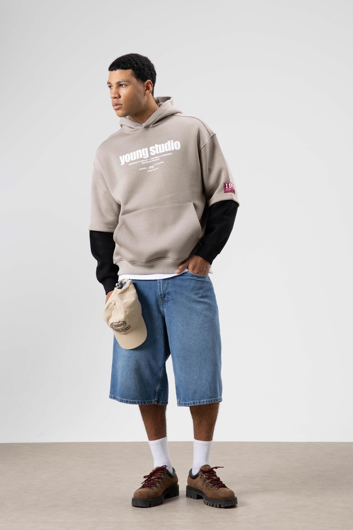 Oversize Baskılı Kapüşonlu Sweatshirt Açık Vizon